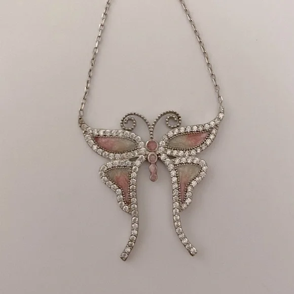 925 Silver butterfly necklace cz pink white enamel